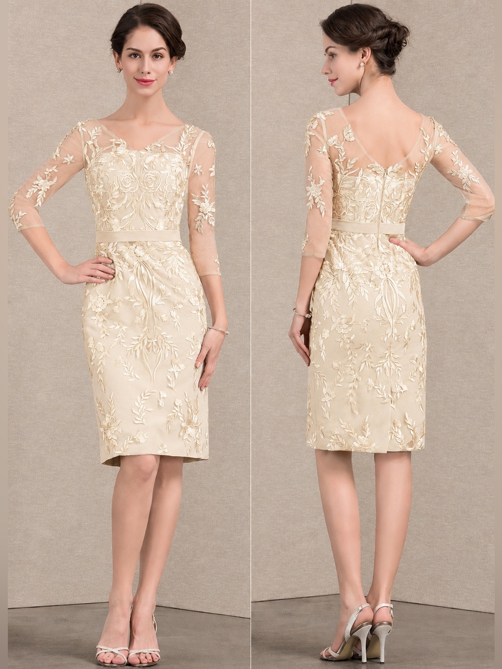 NWT JJ's House Fabia Sheath/Column V-Neck Lace Midi Dress in Champagne | 6